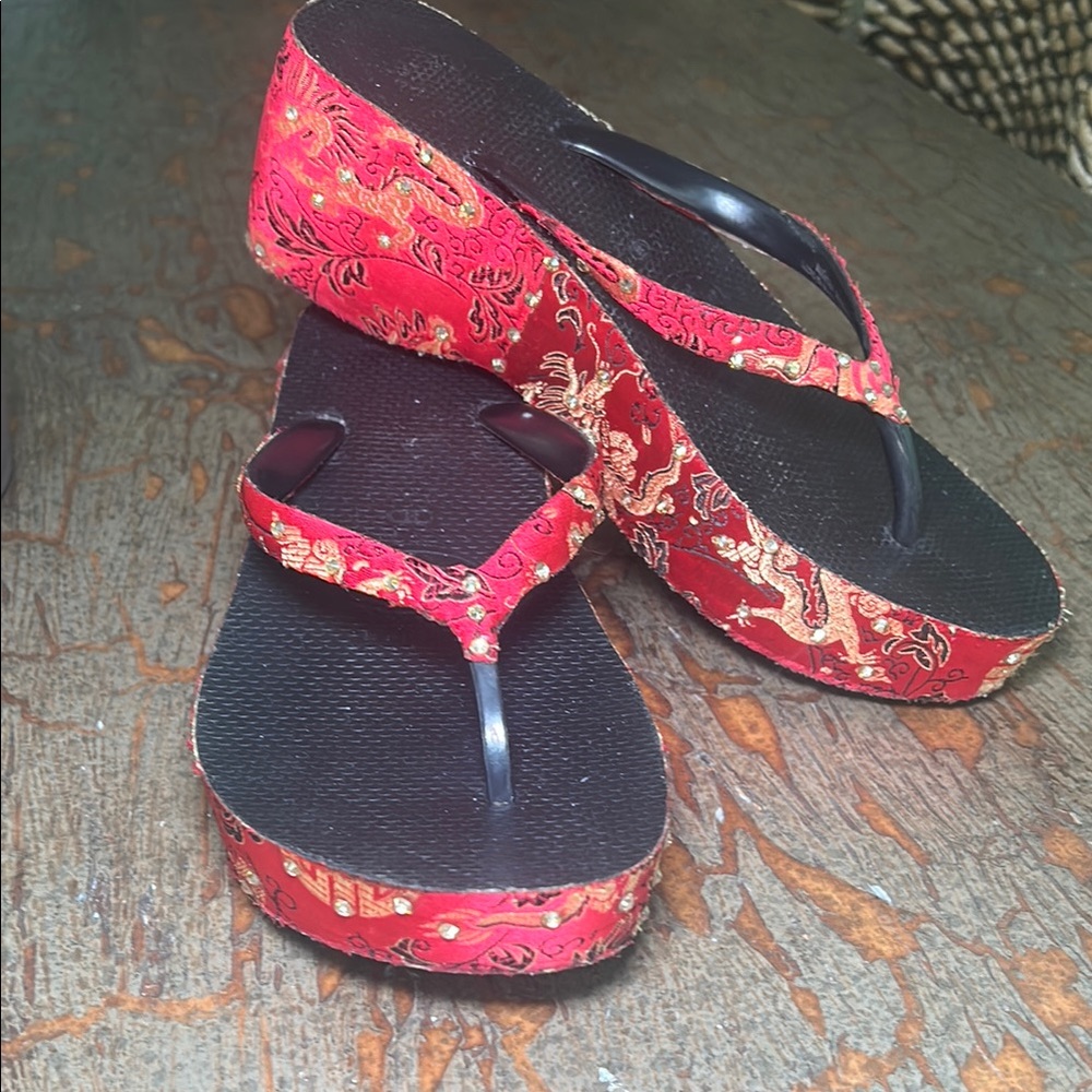 Elegant Red and Black Wedge Sandals